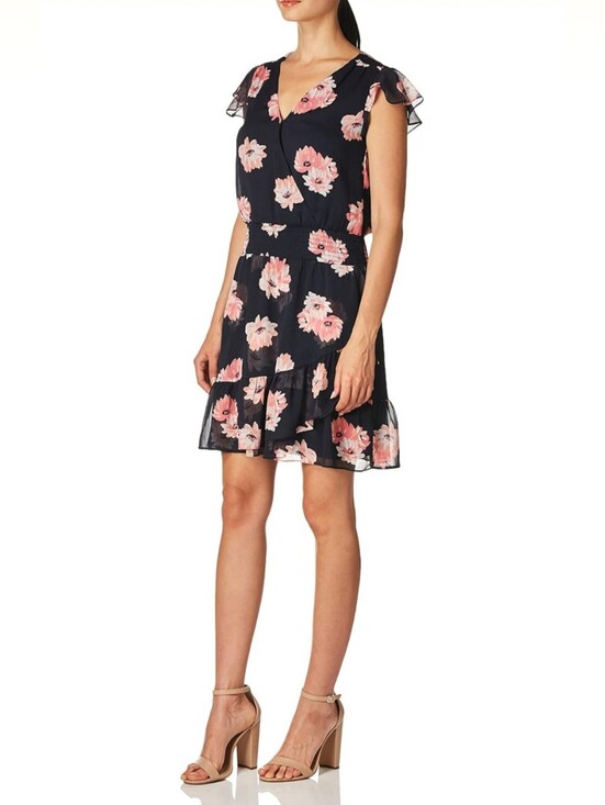 Tommy Hilfiger Dresses & Skirts - Tommy Hilfiger Navy Blue Pink Floral Faux Wrap Dress Flutter Sleeve XL / 14-16